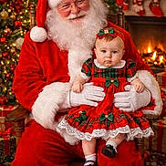 Amy joined the competition — help win amazing prizes! santa_claus, baby, child, christmas_tree, fireplace, stockings, ornament, presents, red_costume, white_beard, glasses, chair, holiday, festive, portrait, dressed_up, bow, lace, plaid_dress, gloves
