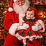 santa_claus, baby, child, christmas_tree, fireplace, stockings, ornament, presents, red_costume, white_beard, glasses, chair, holiday, festive, portrait, dressed_up, bow, lace, plaid_dress, gloves
