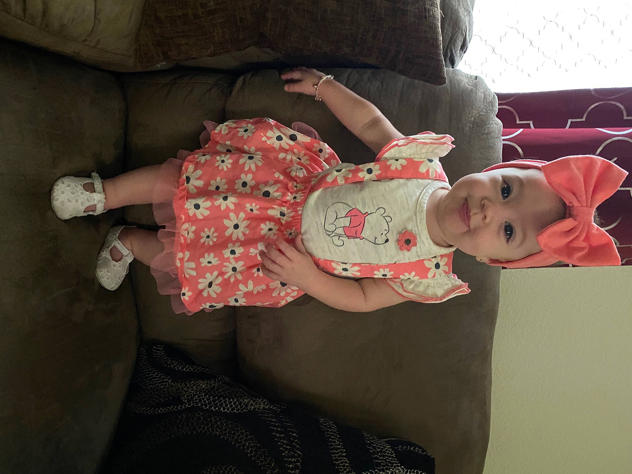 Adilynn joined the competition — help win amazing prizes! baby, baby_products, baby_toddler_clothing, child, comfort, finger, happy, headwear, human_body, human_leg, joy, linens, nail, pattern, person, pink, room, skin, sleeve, smile