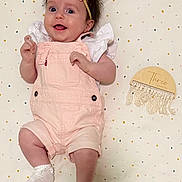 Lily Grace is registered to the contest to win money with this photo: baby, infant, girl, smiling, pink_overalls, headband, bow, white_shirt, socks, milestone, three_months, blanket, polka_dots, macrame, wooden_plaque, cute, lying_down, happy, portrait, child