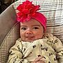Scarlett joined the competition — help win amazing prizes! baby, child, headband, pink_flower, smiling, infant, clothing, baby_chair, patterned, cute, portrait, indoors, happy, face, hand, seated, text_on_clothing, soft_toys, closeup, young_child