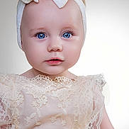 Elsie-Marie is registered to the contest to win money with this photo: baby, child, portrait, blue_eyes, headband, bow, lace_dress, close_up, innocent, soft_lighting, studio, adorable, cute, fashion, young_child, face, expression, white, delicate, infant
