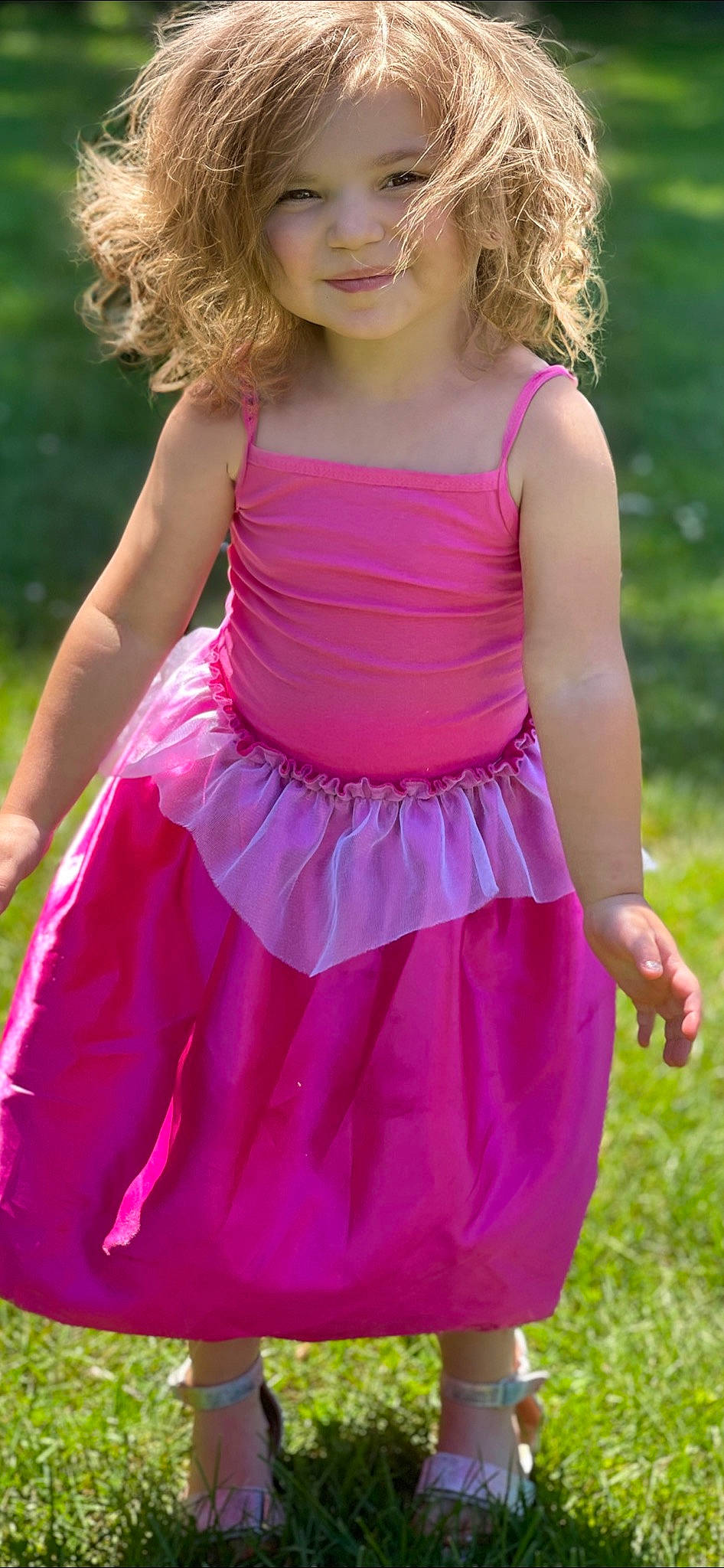 Bella joined the competition — help win amazing prizes! baby_toddler_clothing, day_dress, dress, formal_wear, grass, hair, happy, human_body, joy, magenta, one_piece_garment, outerwear, people_in_nature, person, pink, plant, purple, shoulder, sleeve, smile