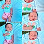 Kari is registered to the contest to win money with this photo: baby, baby_clothing, blanket, blue_blanket, butterfly_patch, child, collage, cute, eyes_closed, grass, hand, infant, lying_down, multiple_expressions, outdoor, pink_shorts, portrait, skin, tongue_out, white_shirt