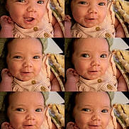 Kari is registered to the contest to win money with this photo: baby, infant, portrait, close_up, collage, cute, expression, face, child, newborn, smile, blanket, soft, hands, clothing, indoor, skin, eyes, head, adorable