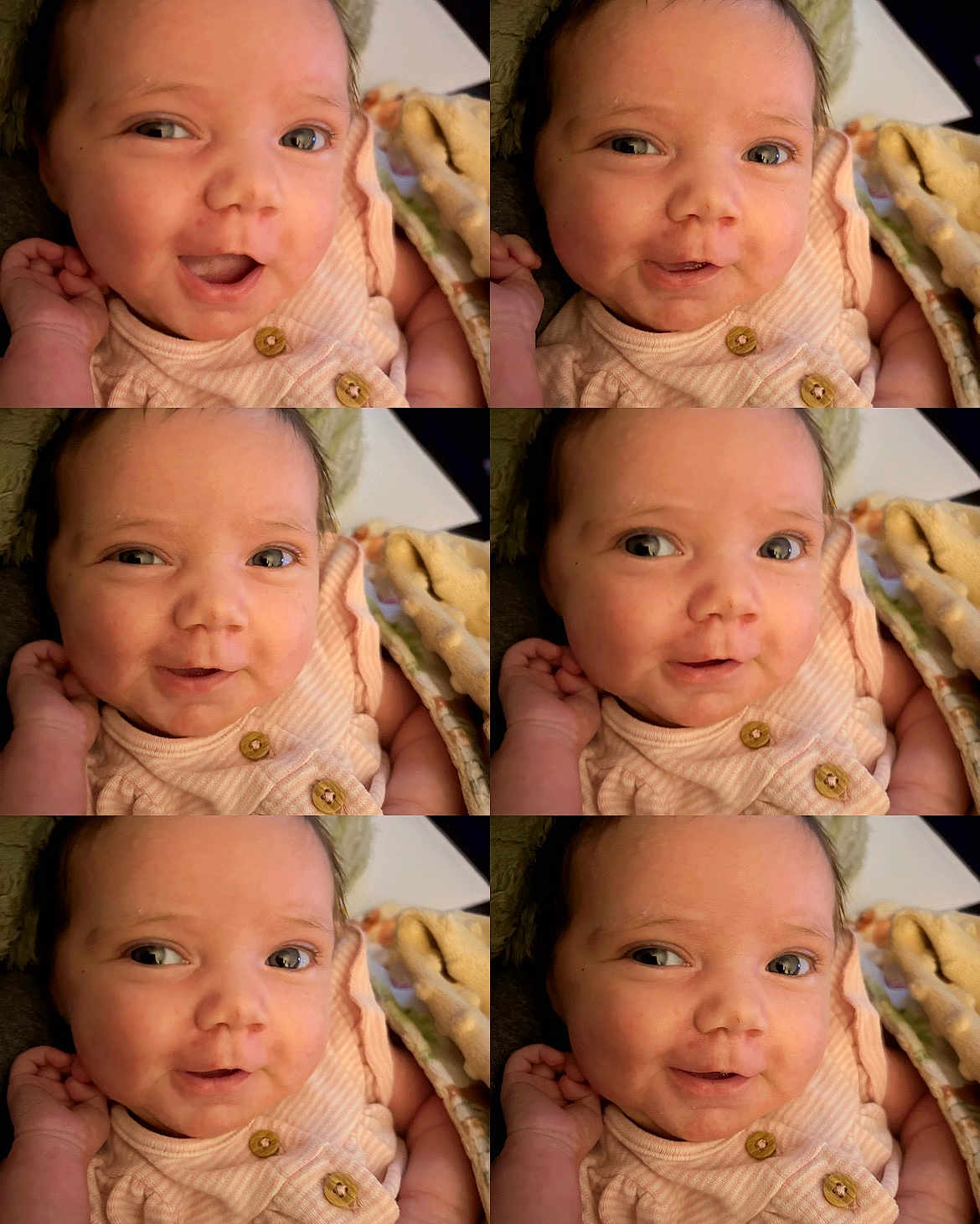 Kari is registered to the contest to win money with this photo: baby, infant, portrait, close_up, collage, cute, expression, face, child, newborn, smile, blanket, soft, hands, clothing, indoor, skin, eyes, head, adorable