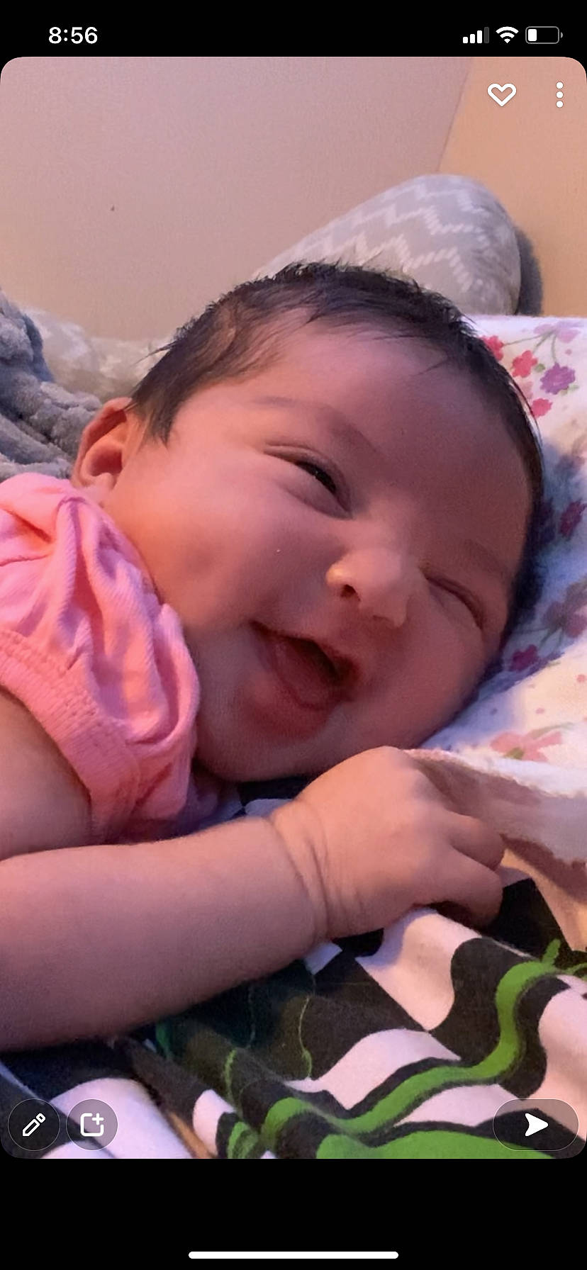 Aviana is registered to the contest to win money with this photo: baby, baby_toddler_clothing, cheek, chin, comfort, eyebrow, facial_expression, finger, gesture, green, happy, iris, lip, mouth, nose, person, pink, skin, smile, thumb