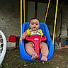 Caleb joined the competition — help win amazing prizes! baby, child, swing, blue_swing, red_toy, yellow_rope, outdoor, garden_tools, cooler, grass, clothing, person, feet, face, expression, curious, seat, play, backyard, fun