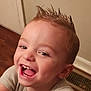 toddler, child, happy, smiling, indoor, person, spiky_hair, cute, joyful, short_sleeve_shirt, face, young, skin, cute_expression, playful, closeup, baby, head, mouth_open, teeth