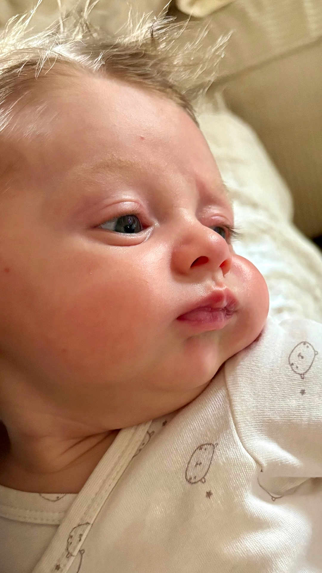 Pablo participe au concours pour gagner de l'argent avec cette photo : baby, close_up, face, cheeks, hair, onesie, sleepwear, child, infant, skin, portrait, cute, soft, expression, indoors, newborn, clothing, person, peaceful, lying_down