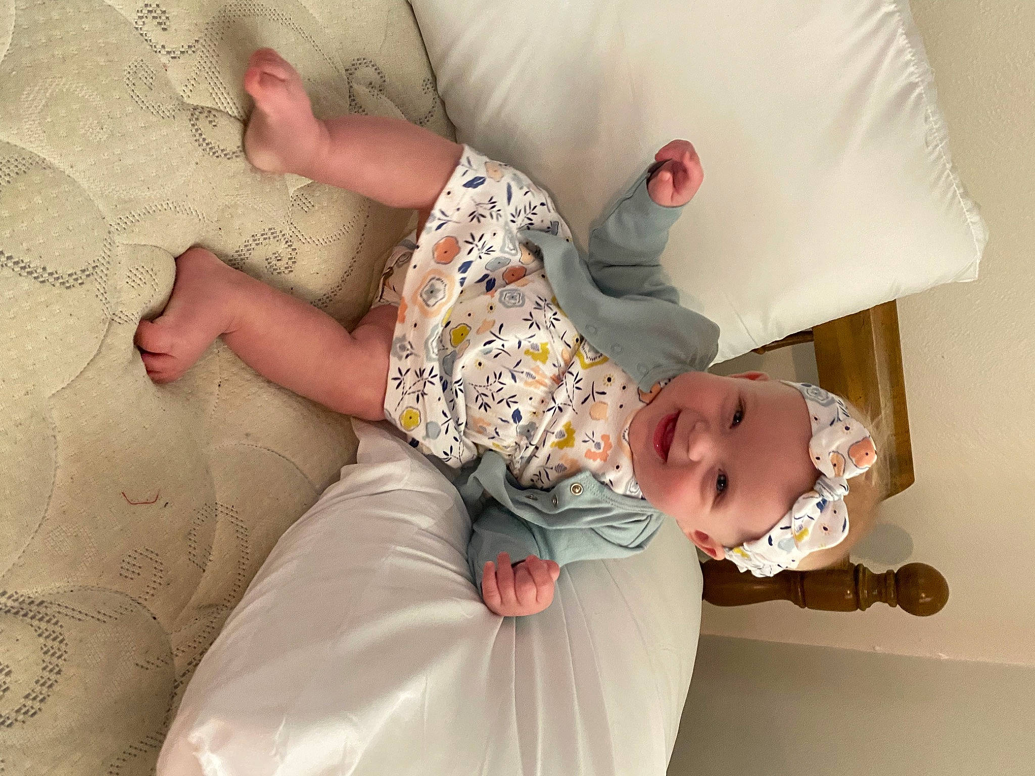 Adaline is registered to the contest to win money with this photo: baby, baby_products, baby_sleeping, baby_toddler_clothing, bed, bedding, bedtime, child, comfort, headwear, human_leg, joy, linens, pattern, person, room, sitting, skin, sleeve, sock