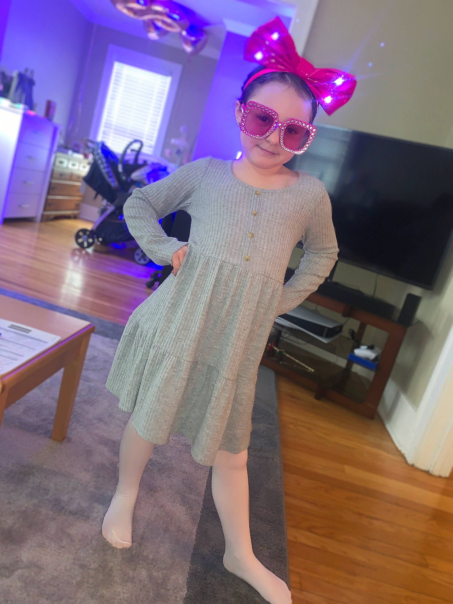 Arayah joined the competition — help win amazing prizes! blue, dress, electric_blue, entertainment, event, eyewear, fashion_design, flooring, fun, glasses, hardwood, leisure, magenta, performing_arts, person, purple, sunglasses, thigh, vision_care, waist