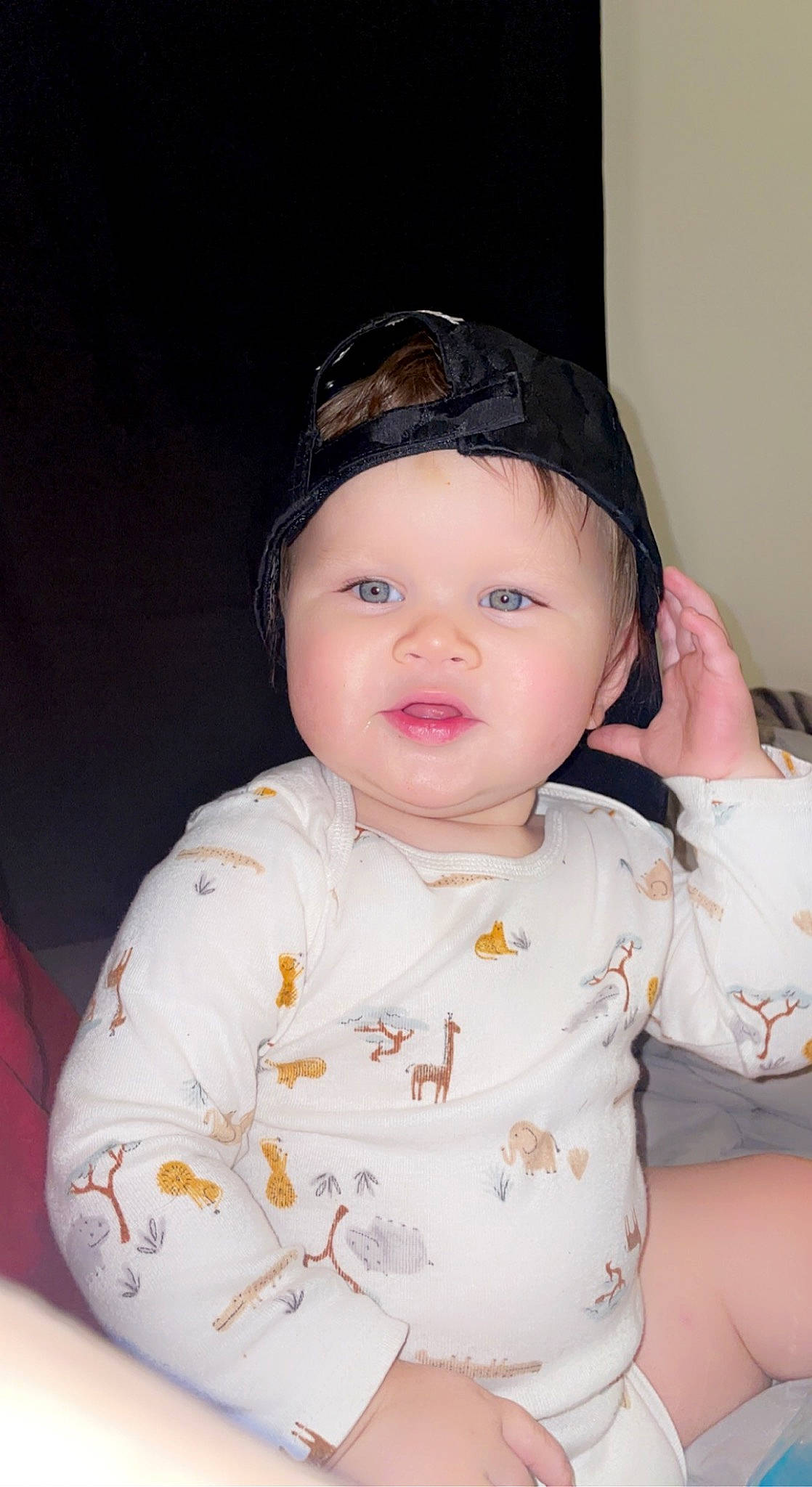 Kruz is registered to the contest to win money with this photo: baby, baby_toddler_clothing, cap, cheek, child, collar, eyebrow, eyelash, fashion_accessory, fun, happy, headwear, iris, lip, neck, nose, pattern, peach, person, skin