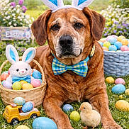Ringo is registered to the contest to win money with this photo: animal, basket, bow_tie, bunny_ears, celebration, chick, colorful, cute, dog, easter_eggs, festive, flowers, grass, holiday, nature, outdoor, pet, spring, stuffed_animal, toy_truck