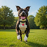 Lucy joined the competition — help win amazing prizes! dog, canine, pet, running, jumping, grass, park, trees, collar, heart_shaped_tag, tongue_out, happy, ears, paws, close_up, outdoors, sunny, green_field, playful, portrait