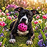 animal, ball, black_dog, close_up, colorful, cute, daffodils, dog, flower_garden, grass, lying_down, nature, outdoor, pet, playful, spring, sunlight, toy, tulips, white_markings