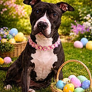 Lucy is registered to the contest to win money with this photo: dog, black_and_white, flower_necklace, easter_eggs, basket, grass, garden, flowers, spring, outdoor, cute, pet, animal, colorful, nature, holiday, decorative, sitting, portrait, playful
