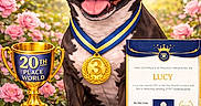 Lucy is registered to the contest to win money with this photo: award_winner, cash, celebration, certificate, close_up, cute, dog, floral_background, garden, happy, medal, money_stack, pink_flowers, portrait, props, ribbon, roses, smiling_dog, third_place_medal, trophy