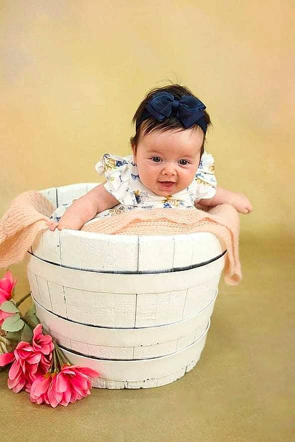 Luana participe au concours pour gagner de l'argent avec cette photo : baby, baby_products, baby_toddler_clothing, basket, bathing, child, event, fashion_accessory, flower, hair_accessory, happy, person, petal, pink, plant, rose, sitting, storage_basket, sweetness, toddler