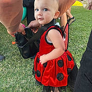 Tommie-Rose is registered to the contest to win money with this photo: toddler, child, costume, ladybug, red_dress, black_spots, outdoor, grass, people, arms, legs, shoes, sandals, curious, blue_eyes, short_hair, cute, festive, portrait, daytime