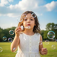 Lyla is registered to the contest to win money with this photo: child, girl, bubble, white_dress, outdoor, park, grass, blue_sky, clouds, summer, playing, fun, happy, nature, sunlight, portrait, cute, innocence, joy, bubbles