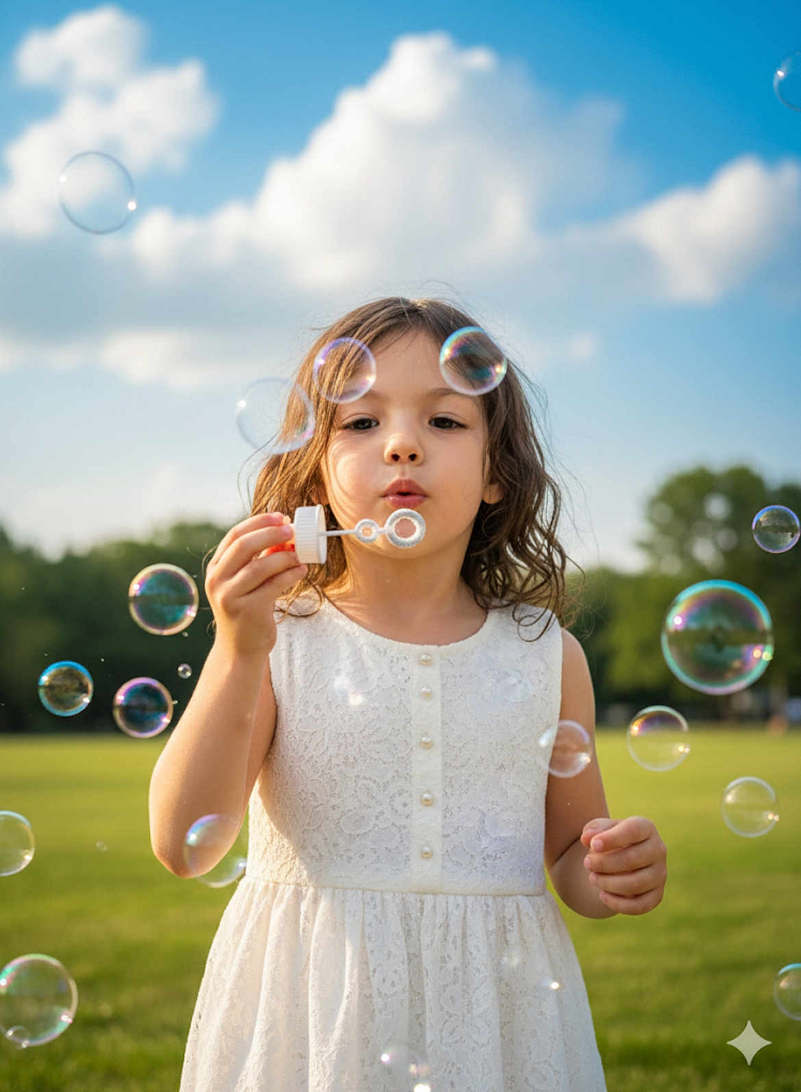 Lyla is registered to the contest to win money with this photo: child, girl, bubble, white_dress, outdoor, park, grass, blue_sky, clouds, summer, playing, fun, happy, nature, sunlight, portrait, cute, innocence, joy, bubbles