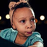 blue_dress, bokeh, child, close_up, curly_hair, cute, earring, expression, face, girl, hair_bow, headband, looking_away, night, outdoor, photography, polka_dots, portrait, toddler, warm_lighting