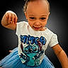 Octavia is registered to the contest to win money with this photo: black_background, blue, bow, cartoon, child, dress, fashion, girl, hair_bun, happy, indoor, portrait, posing, sitting, smiling, stitch, studio, t_shirt, toddler, tutu