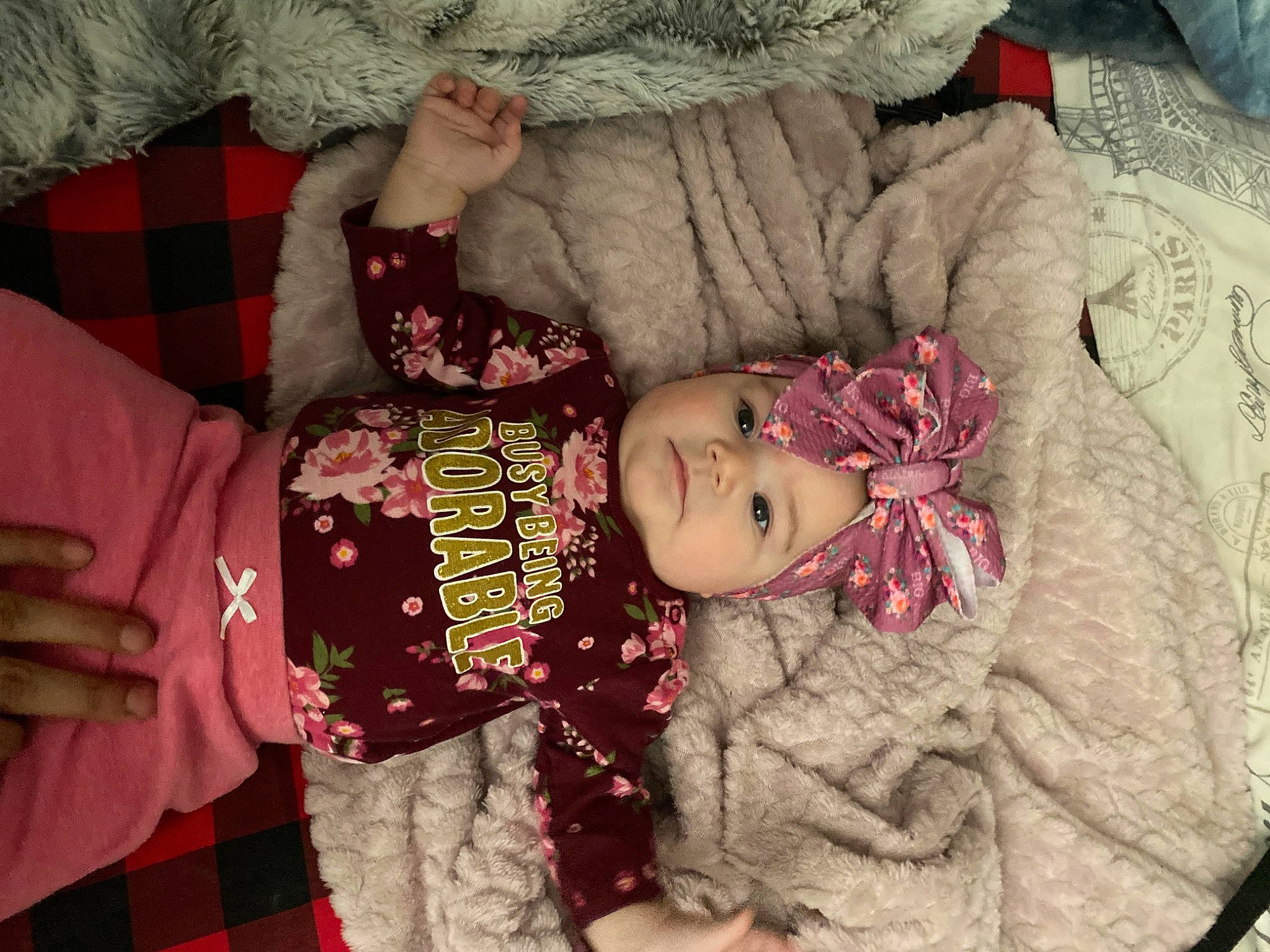 Avalynn joined the competition — help win amazing prizes! arm, baby, baby_products, baby_toddler_clothing, cheek, child, comfort, doll, eye, hand, headwear, linens, pattern, person, pink, room, skin, sleeve, tartan, toddler