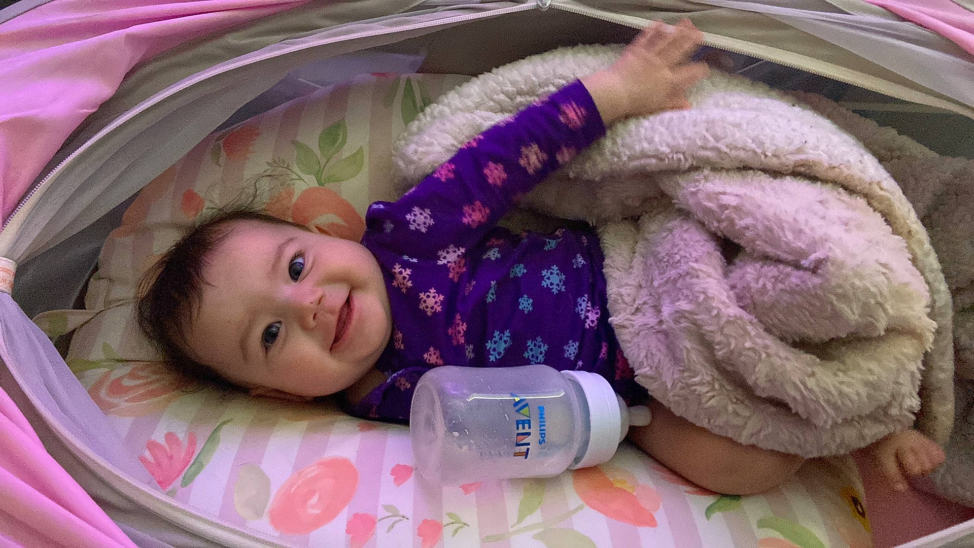 Avalynn is registered to the contest to win money with this photo: beauty, cheek, child, comfort, eyelash, finger, happy, magenta, mammal, material_property, person, pink, product, purple, skin, smile, textile, toddler, violet, white