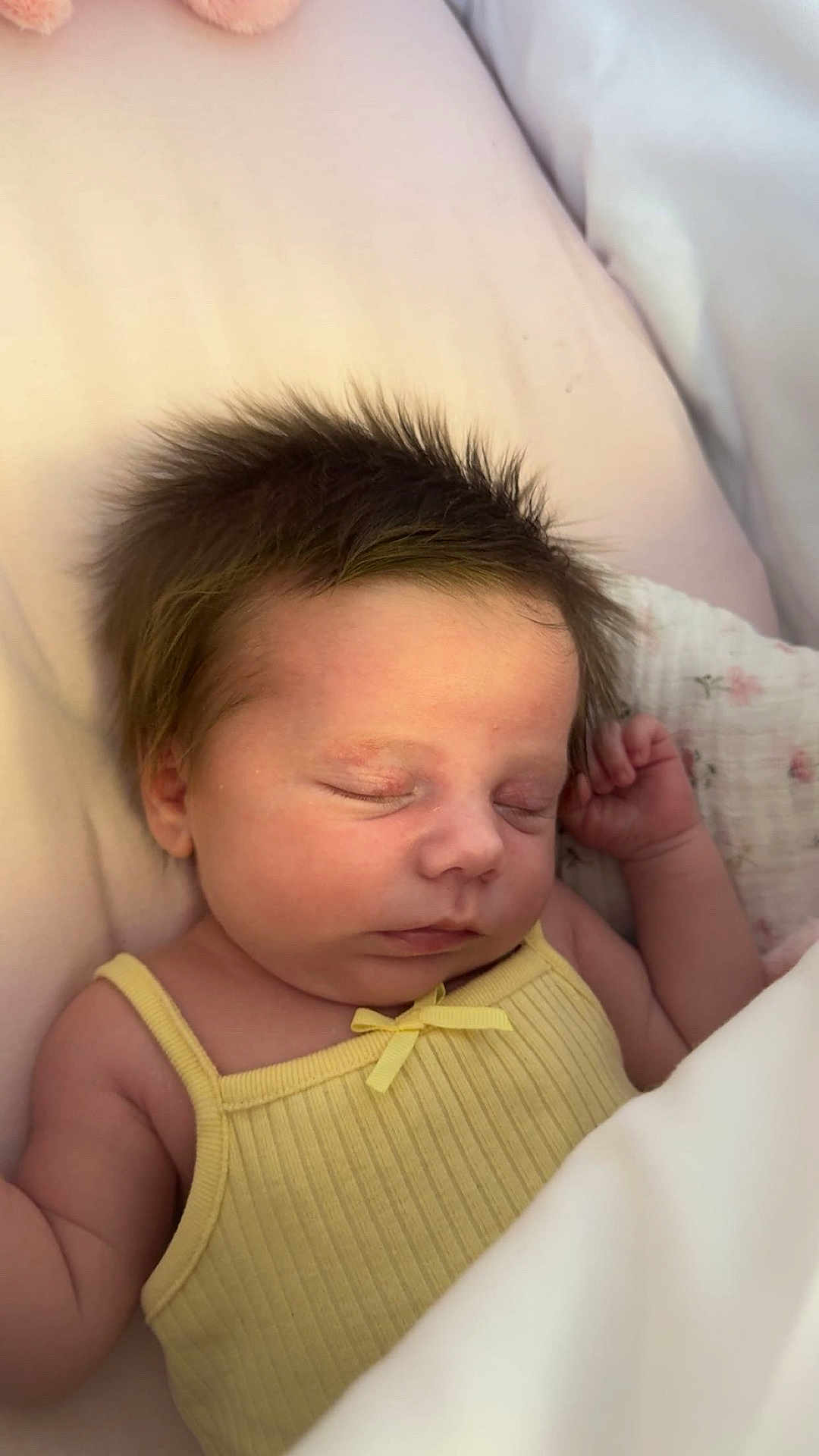 Lottie-Lil is registered to the contest to win money with this photo: baby, bed, blanket, child, cozy, cute, face, hair, indoors, infant, newborn, peaceful, person, portrait, resting, skin, sleeping, soft_light, tiny, yellow_clothing