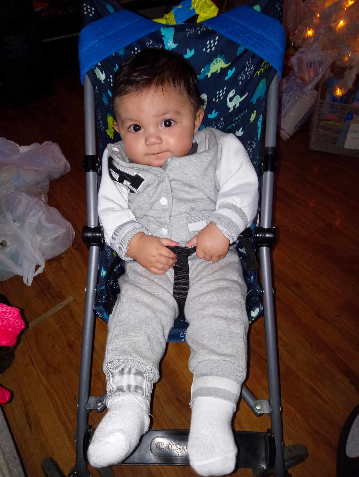 Matteo joined the competition — help win amazing prizes! baby, child, stroller, indoor, floor, wooden_floor, clothing, socks, seatbelt, person, infant, grey_outfit, dinosaur_pattern, hands, face, eyes, expression, footwear, baby_stroller, casual