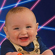 Lorenzo joined the competition — help win amazing prizes! baby, smiling, infant, face, overalls, navy_shirt, hands, neon_background, laser_lights, cute, happy, child, portrait, studio_photo, retro, glowing_lines, cheerful, young_child, skin, eyes