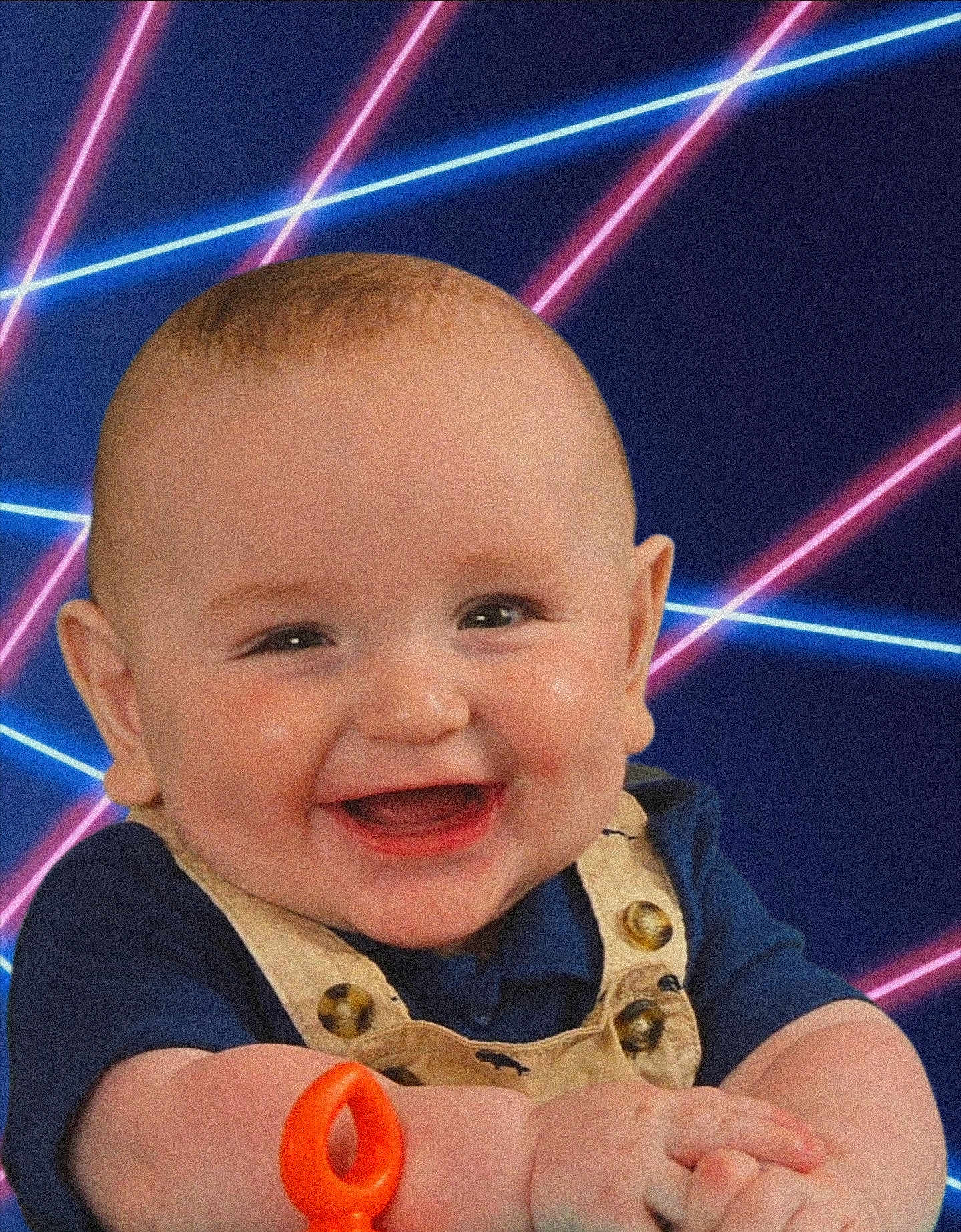 Lorenzo joined the competition — help win amazing prizes! baby, smiling, infant, face, overalls, navy_shirt, hands, neon_background, laser_lights, cute, happy, child, portrait, studio_photo, retro, glowing_lines, cheerful, young_child, skin, eyes