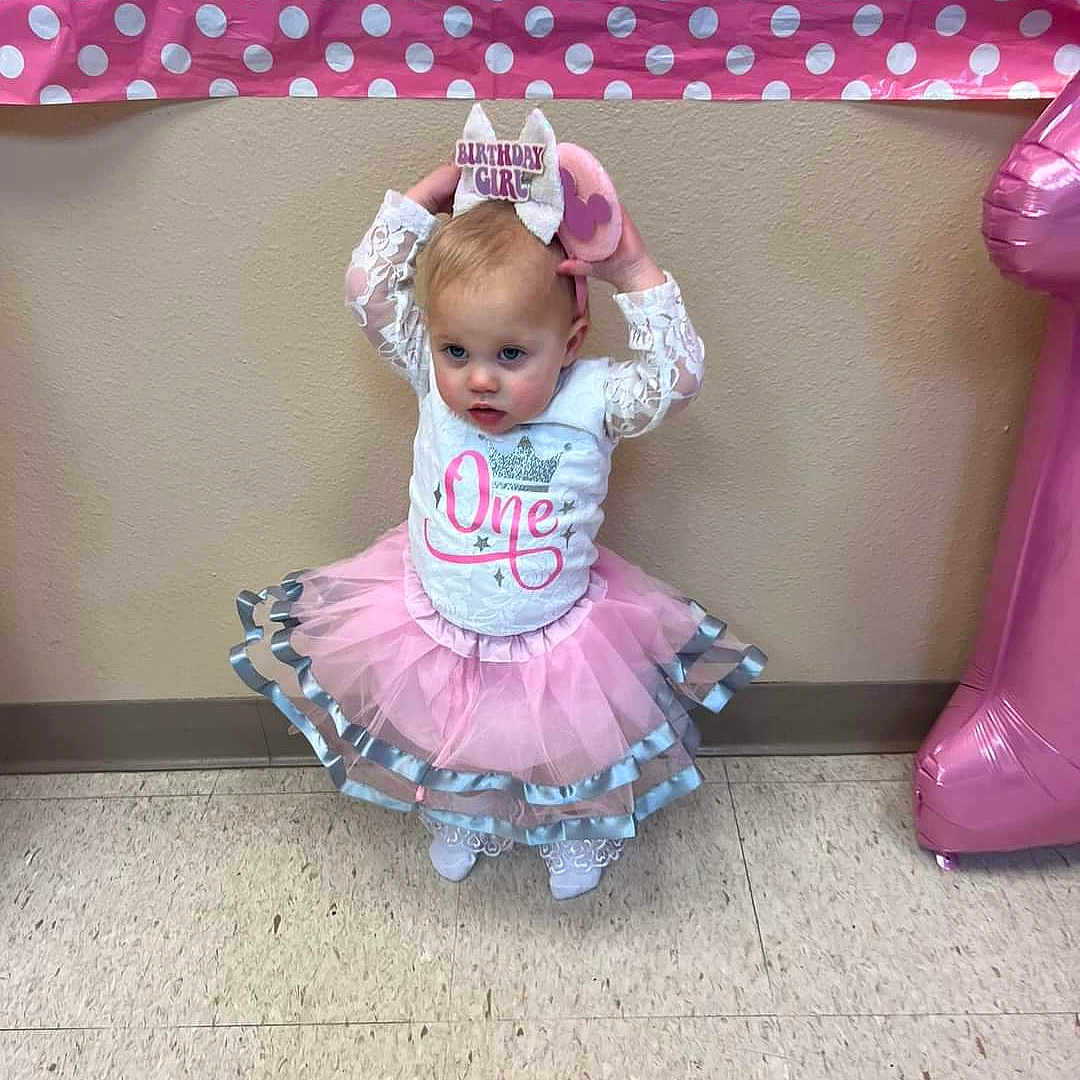 Jaylynn is registered to the contest to win money with this photo: balloon, birthday, celebration, child, cute, dress, floor, girl, headband, indoor, lace, number_one, party, pink, polka_dot, standing, toddler, tutu, wall, young