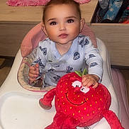 Paola participe au concours pour gagner de l'argent avec cette photo : baby, high_chair, plush_toy, strawberry, smiling_toy, indoor, blanket, vase, decor, child, person, clothing, furniture, face, head, hands, wood_floor, room, soft_toy, cute