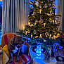 dog, chair, christmas_tree, ornaments, lights, present, decorations, snowman, candle, window, curtains, toy, indoor, holiday, festive, furniture, glowing, striped_chair, pillow, smiling_dog