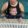Henry is registered to the contest to win money with this photo: adult, arm, baby, blue, child, face, fun, grip, happy, leisure, person, playing, skin, splashing, support, swimming_pool, swimwear, tile, water, water_baby