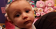 Avery is registered to the contest to win money with this photo: baby, blue_bear, child, clock, curious, cute, face, hand, head, holding, indoor, person, pink_bears, plush_toys, purple_wall, soft_toys, stuffed_animals, tshirt, winnie_the_pooh, yellow_bear