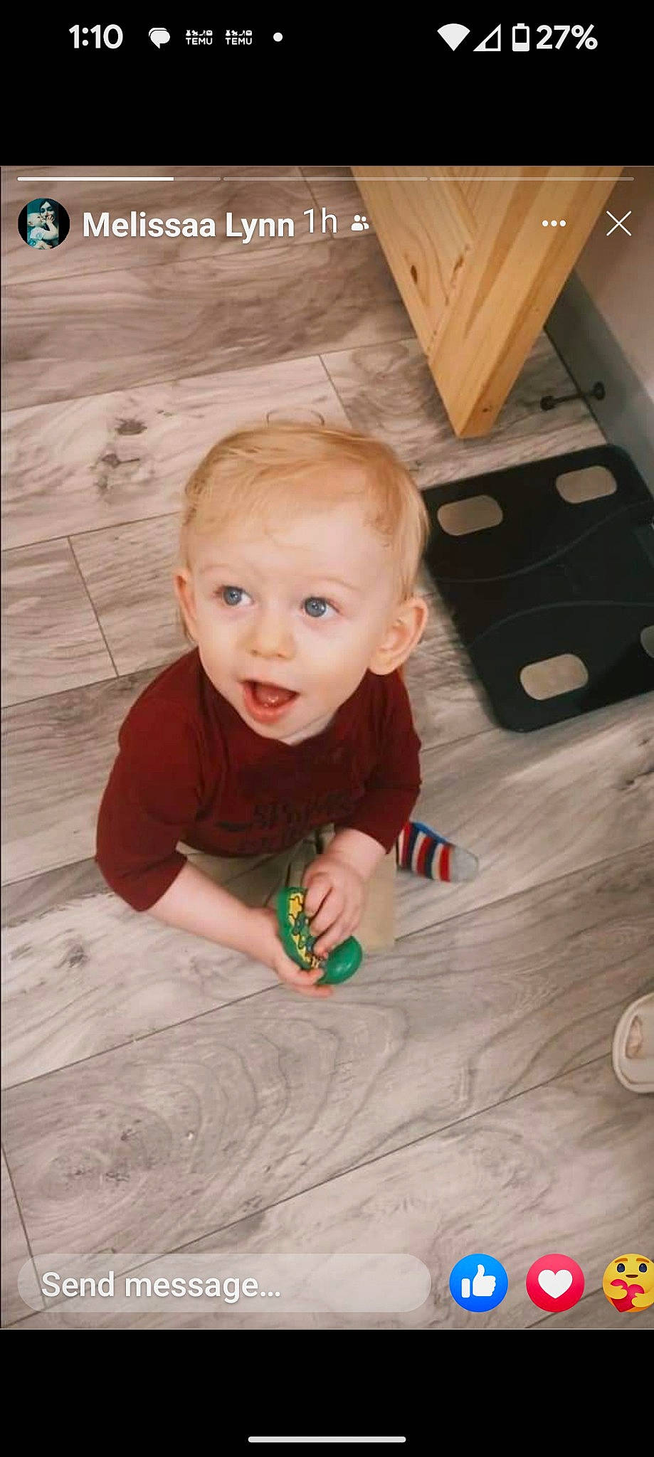 Colton joined the competition — help win amazing prizes! baby, baby_toddler_clothing, cabinetry, cheek, child, floor, flooring, fun, grass, hardwood, head, laminate_flooring, person, plywood, room, sitting, surprise, toddler, varnish, wood