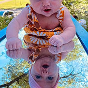 Maisey joined the competition — help win amazing prizes! baby, blue_sky, child, colorful_clothing, curious_expression, cute, daylight, grass, headband, infant, nature, outdoor, pink_bow, playful, portrait, reflection, smiling, sunlight, trees, young_child