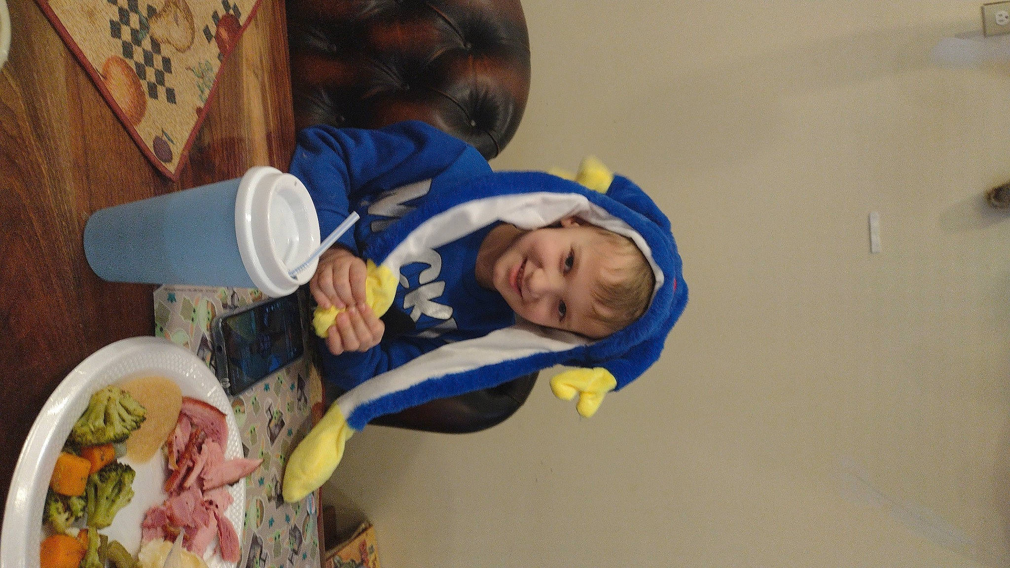 Kaylum joined the competition — help win amazing prizes! baby, child, comfort_food, electric_blue, fun, happy, hat, joy, person, plastic, room, smile, toddler