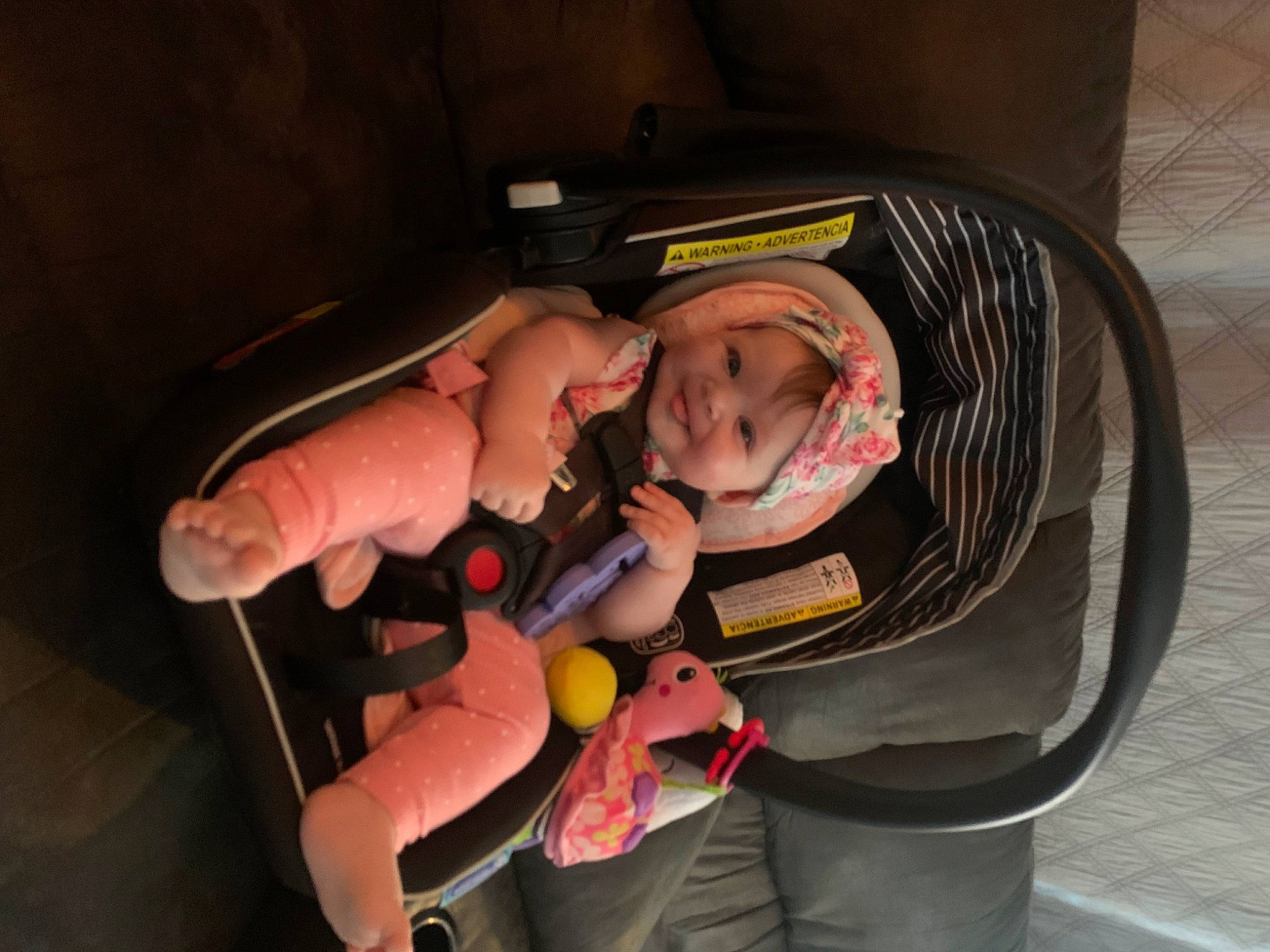 Addyson is registered to the contest to win money with this photo: auto_part, baby, baby_carriage, baby_products, baby_safety, car_seat, child, comfort, fun, headwear, person, personal_protective_equipment, sitting, toddler