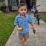 toddler, child, barefoot, banana, blue_bike, concrete_path, shorts, denim_shirt, toy, grass, house, doorway, window, tree, outdoor, sidewalk, curious, daytime, person, portrait