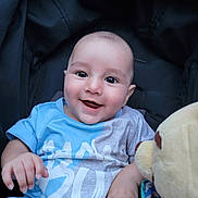 Nael is registered to the contest to win money with this photo: baby, blue_clothing, child, closeup, cushion, cute, gray_clothing, hand, happy, indoor, infant, person, playful, plush_toy, portrait, seat, smile, soft_toy, teddy_bear, young_child