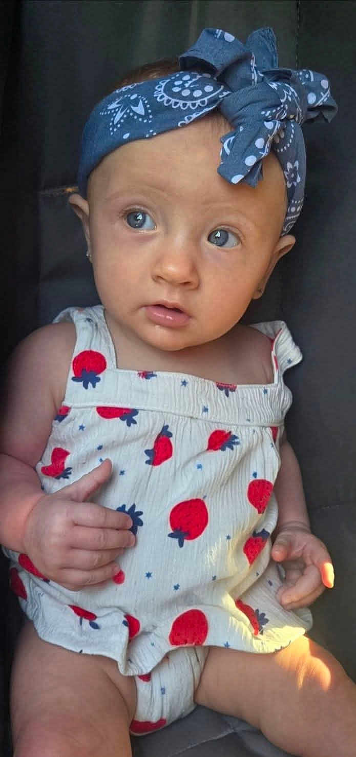 Mckenzie is registered to the contest to win money with this photo: baby, child, headband, blue_headband, dress, white_dress, strawberry_pattern, sitting, curious, eyes, face, hands, legs, infant, cute, portrait, indoors, clothing, person, young