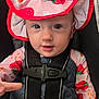 Mckenzie is registered to the contest to win money with this photo: baby, child, hat, strawberry_pattern, car_seat, safety_harness, pink, red, cute, infant, face, eyes, clothing, blanket, hand, seatbelt, portrait, indoors, young, smiling