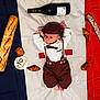baby, infant, flag, french_flag, bread, baguette, croissant, pastry, wine_bottle, milestone_card, 1_month, clothing, suspenders, hat, bow_tie, lying_down, portrait, food, celebration, cute