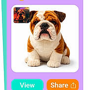 Big Daddy is registered to the contest to win money with this photo: bulldog, plush, dog, toy, white_background, mobile_screen, app_interface, button, text_overlay, colorful, purple, orange, green, pet, generated_image, cute, animal, screenshot, fun, interface