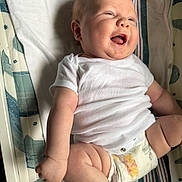 Shane is registered to the contest to win money with this photo: baby, infant, smiling, laughing, onesie, diaper, winnie_the_pooh, chubby, cute, lying_down, striped, changing_pad, happy, skin, arm, leg, indoor, child, person, closeup